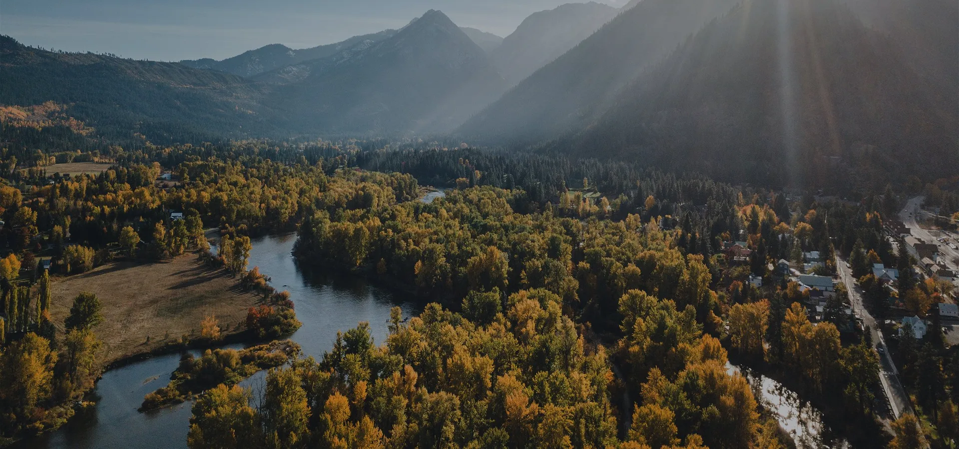 Aerial view of the Wenatchee River valley in fall